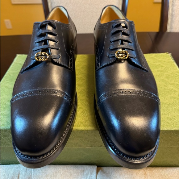 New Gucci GG Logo Star Brogue Lace Up Dress Shoes Black Size UK 12 / US 12.5 - Picture 2 of 16